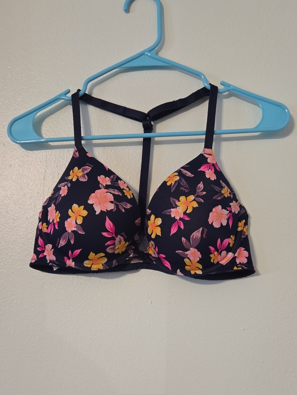 PINK Victoria's Secret Navy Floral T-Back Bra - Pink & Yellow Flowers